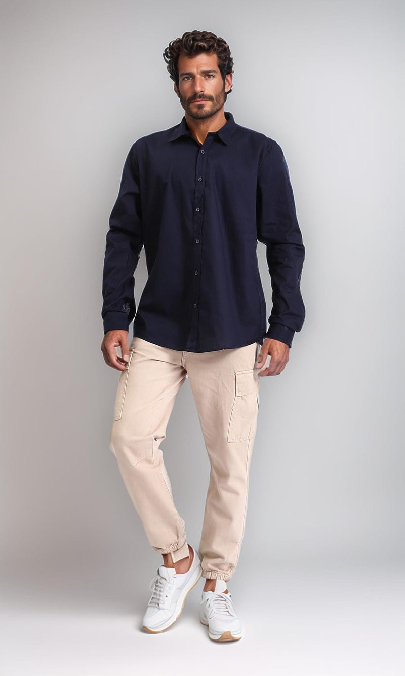 R207472 - Turn Down Collar Long Sleeve Shirt - Navy Blue