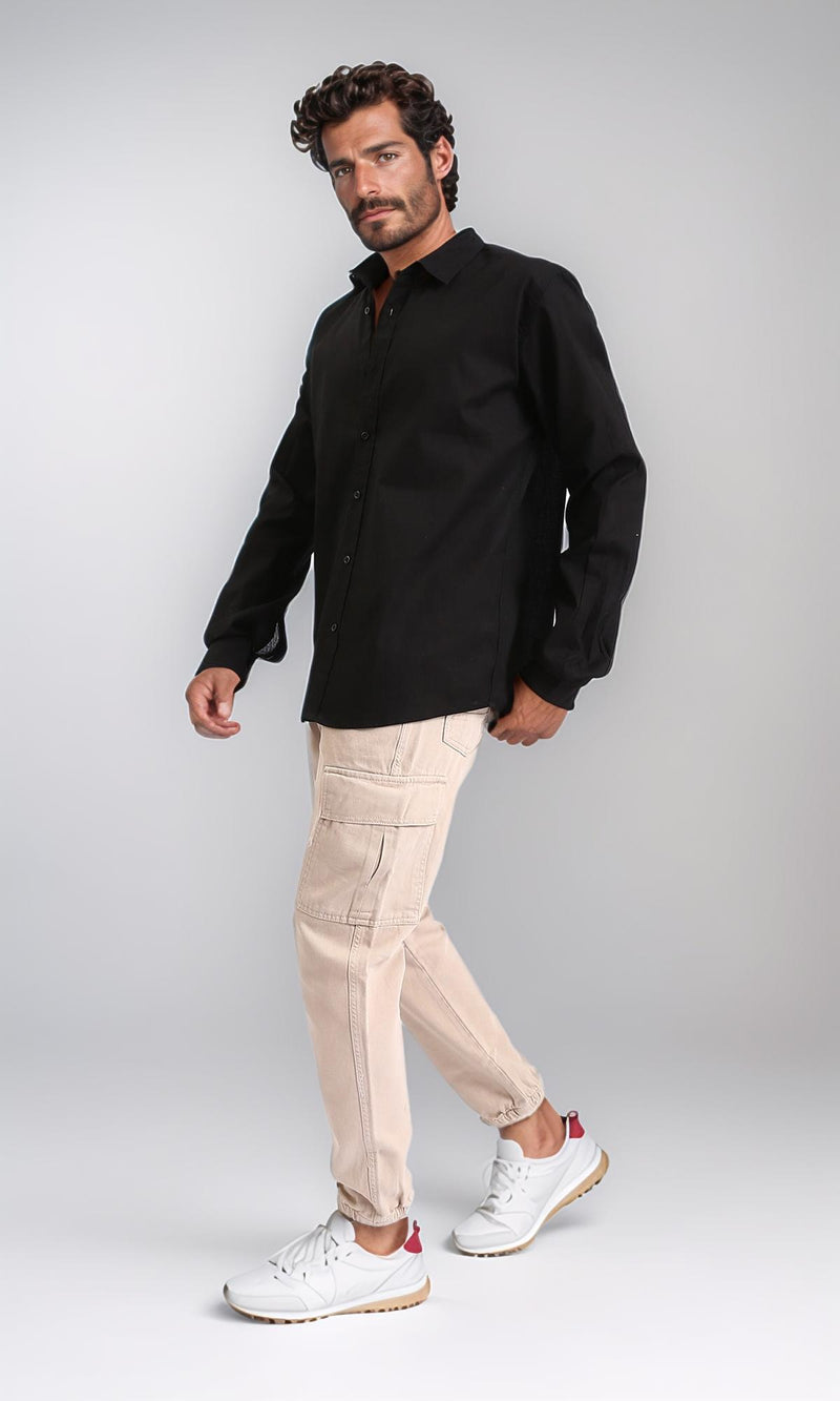 R207473 - Turn Down Collar Long Sleeve Shirt - Black