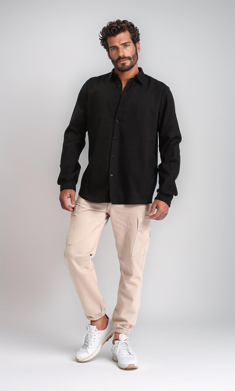 R207473 - Turn Down Collar Long Sleeve Shirt - Black