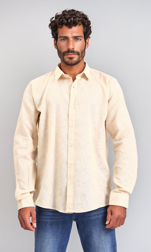R207475-Textured Cotton Long Sleeve Shirt - Dark Beige