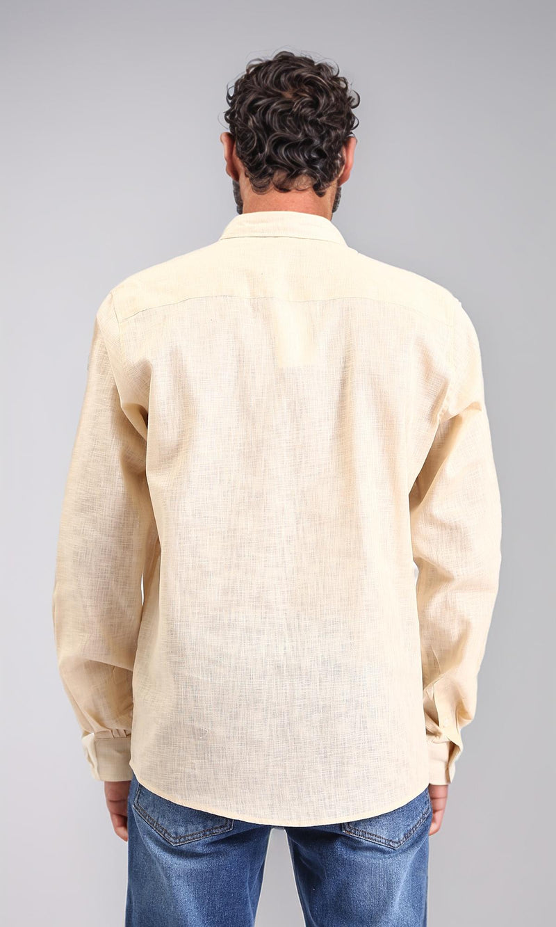 R207475-Textured Cotton Long Sleeve Shirt - Dark Beige