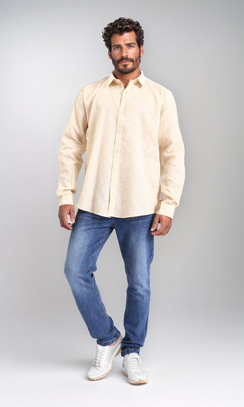 R207475-Textured Cotton Long Sleeve Shirt - Dark Beige