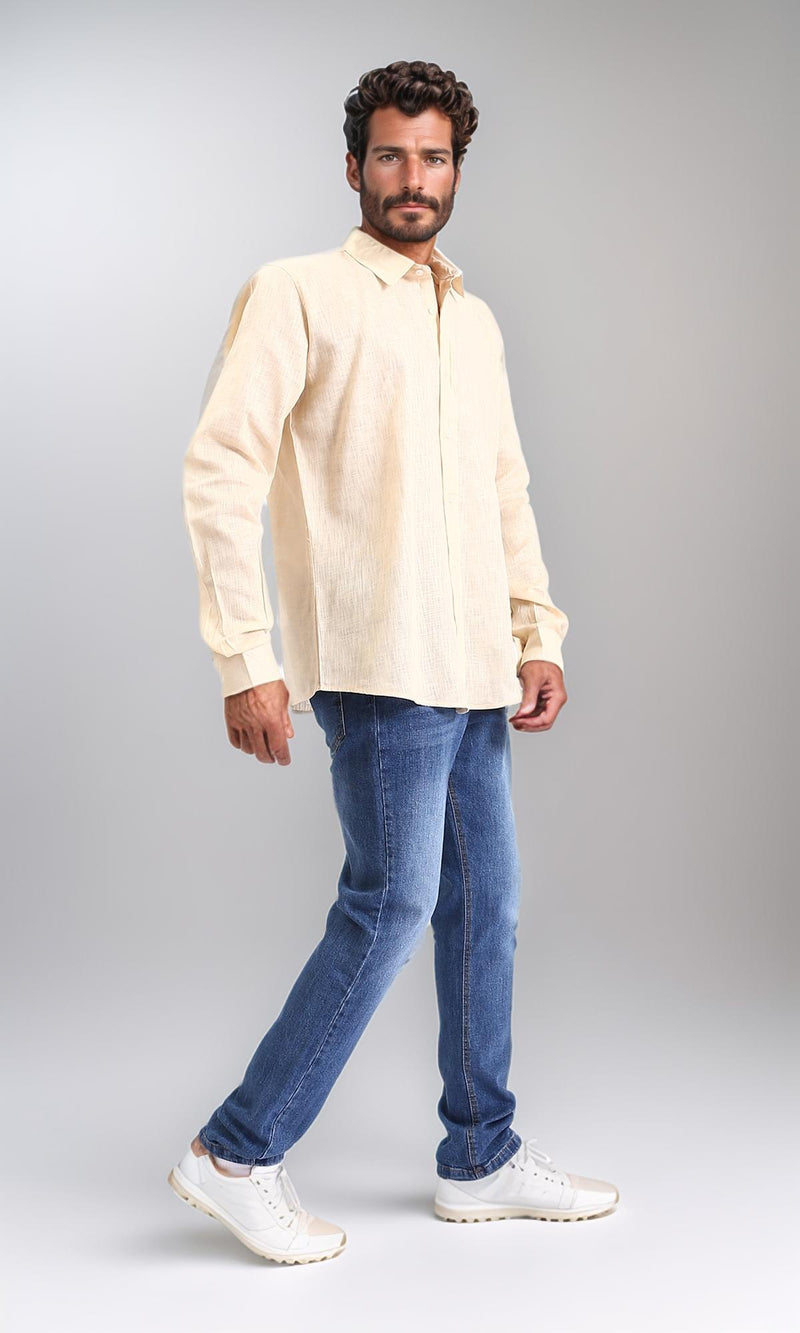 R207475-Textured Cotton Long Sleeve Shirt - Dark Beige
