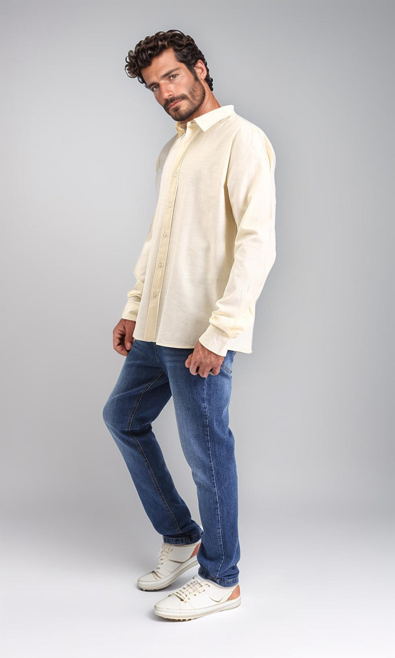 R207476-Turn Down Collar Long Sleeve Shirt - Light Yellow