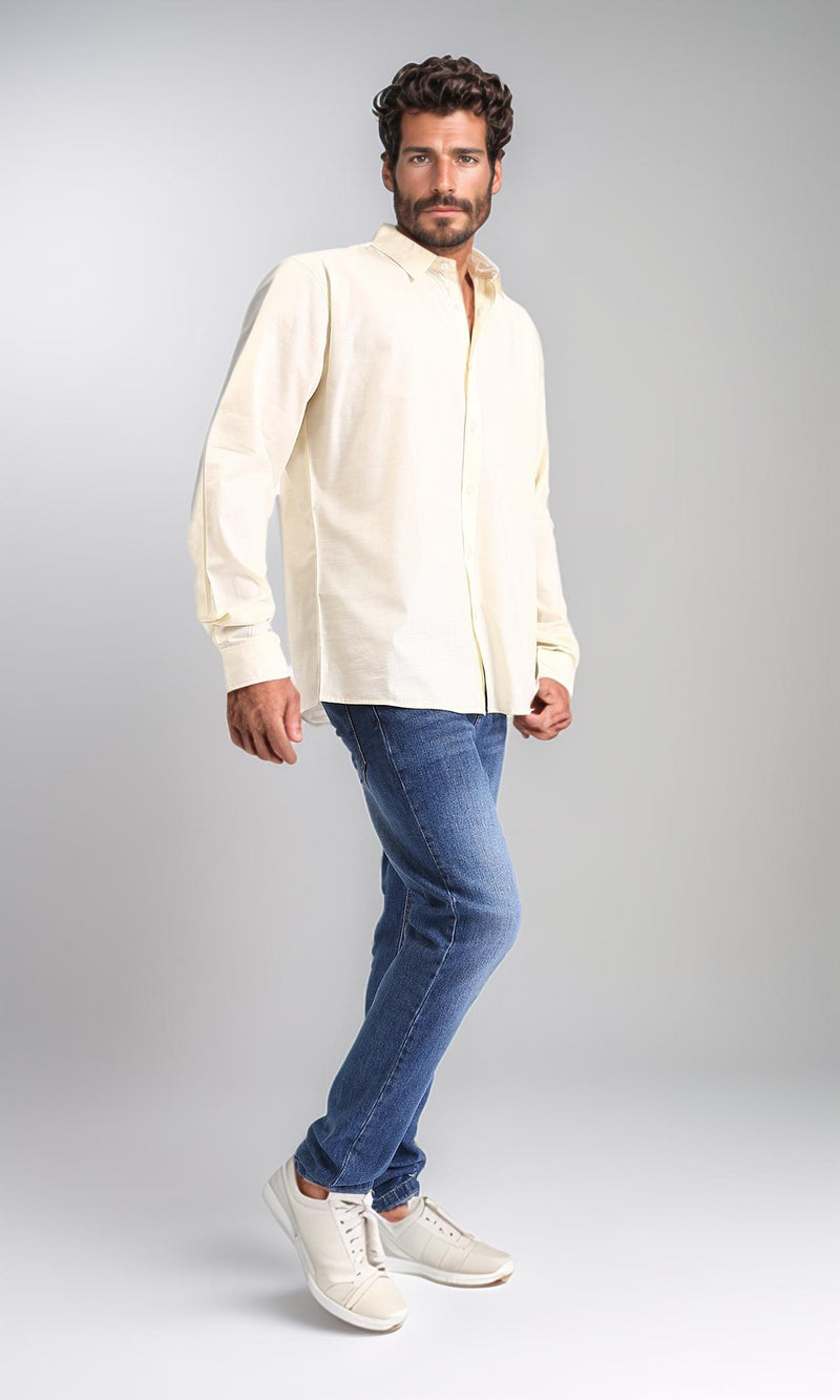 R207476-Turn Down Collar Long Sleeve Shirt - Light Yellow
