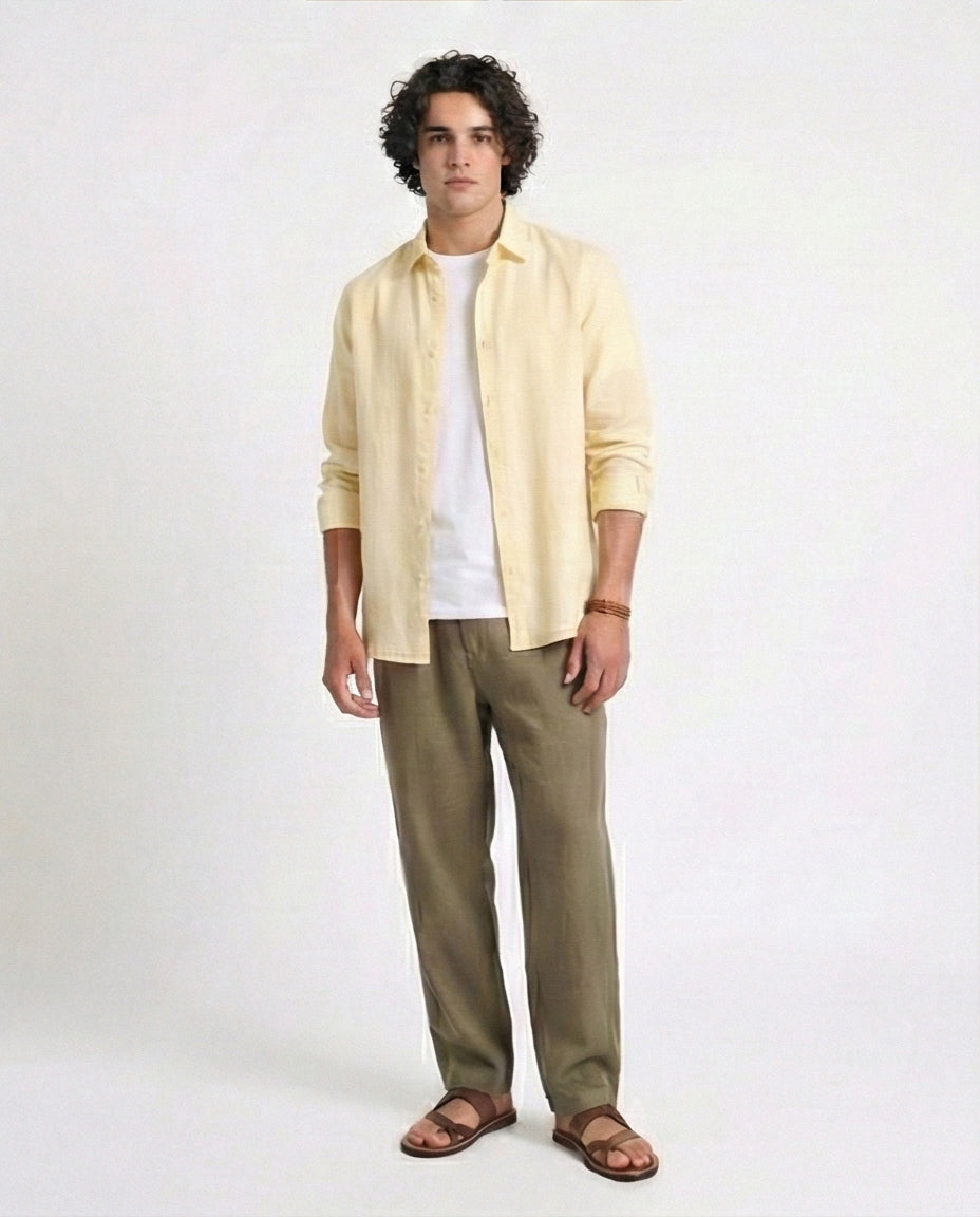 R207477 - Textured Cotton Long Sleeve Shirt - Light Yellow