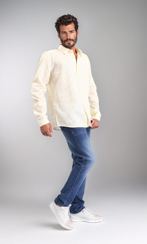 R207477 - Textured Cotton Long Sleeve Shirt - Light Yellow