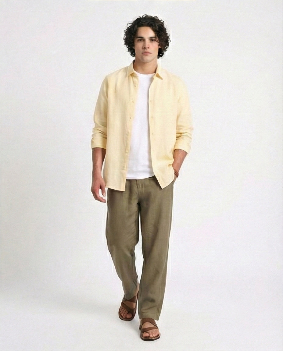 R207477 - Textured Cotton Long Sleeve Shirt - Light Yellow