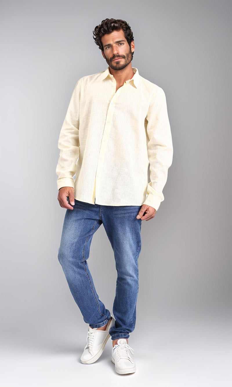 R207477 - Textured Cotton Long Sleeve Shirt - Light Yellow
