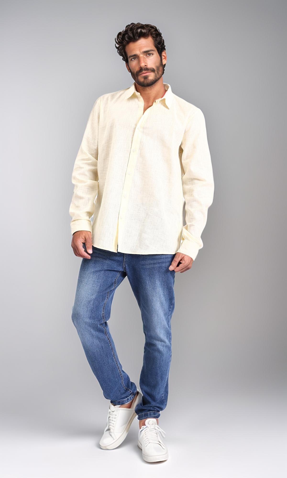 R207477 - Textured Cotton Long Sleeve Shirt - Light Yellow