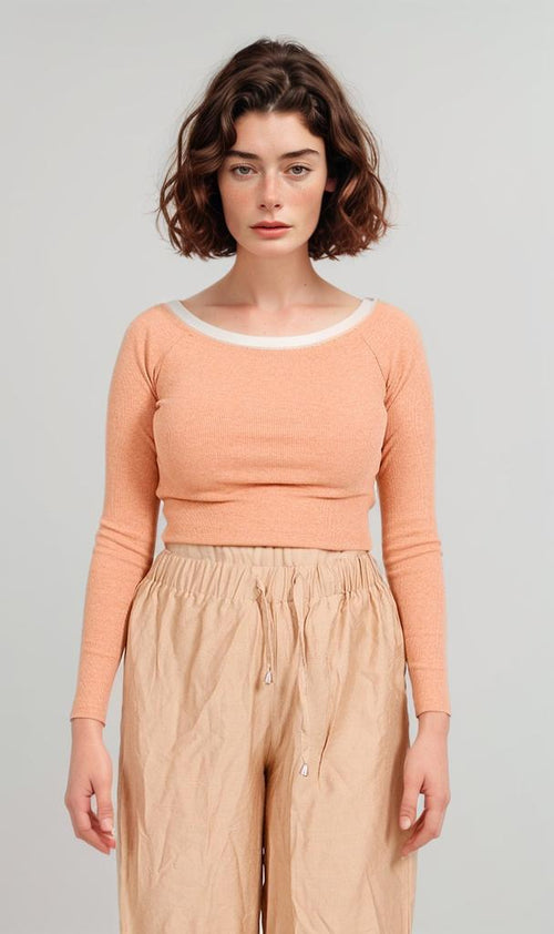 R207484-R207484 - Ribbed Scoop Neck Crop Top - Peach