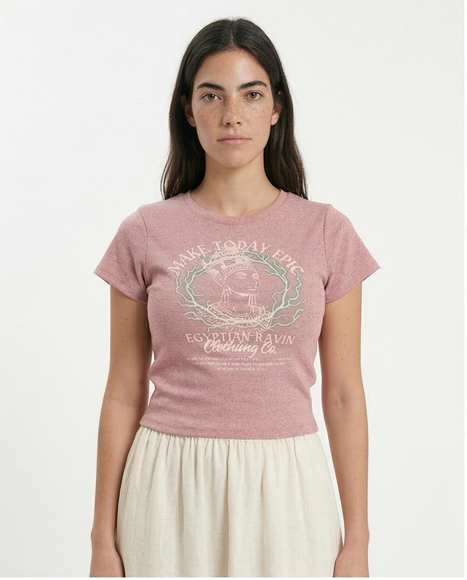 Woman wearing a pink t-shirt with a graphic design on a white background