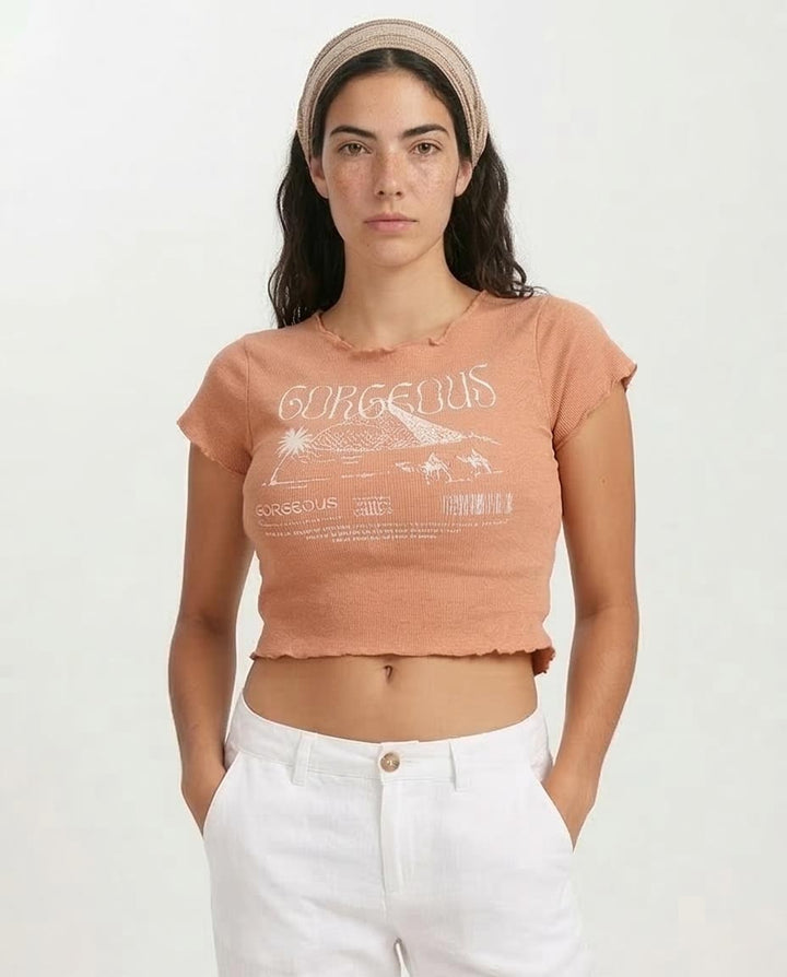 Gorgeous Desert Graphic Lettuce Hem Crop Top - Coral