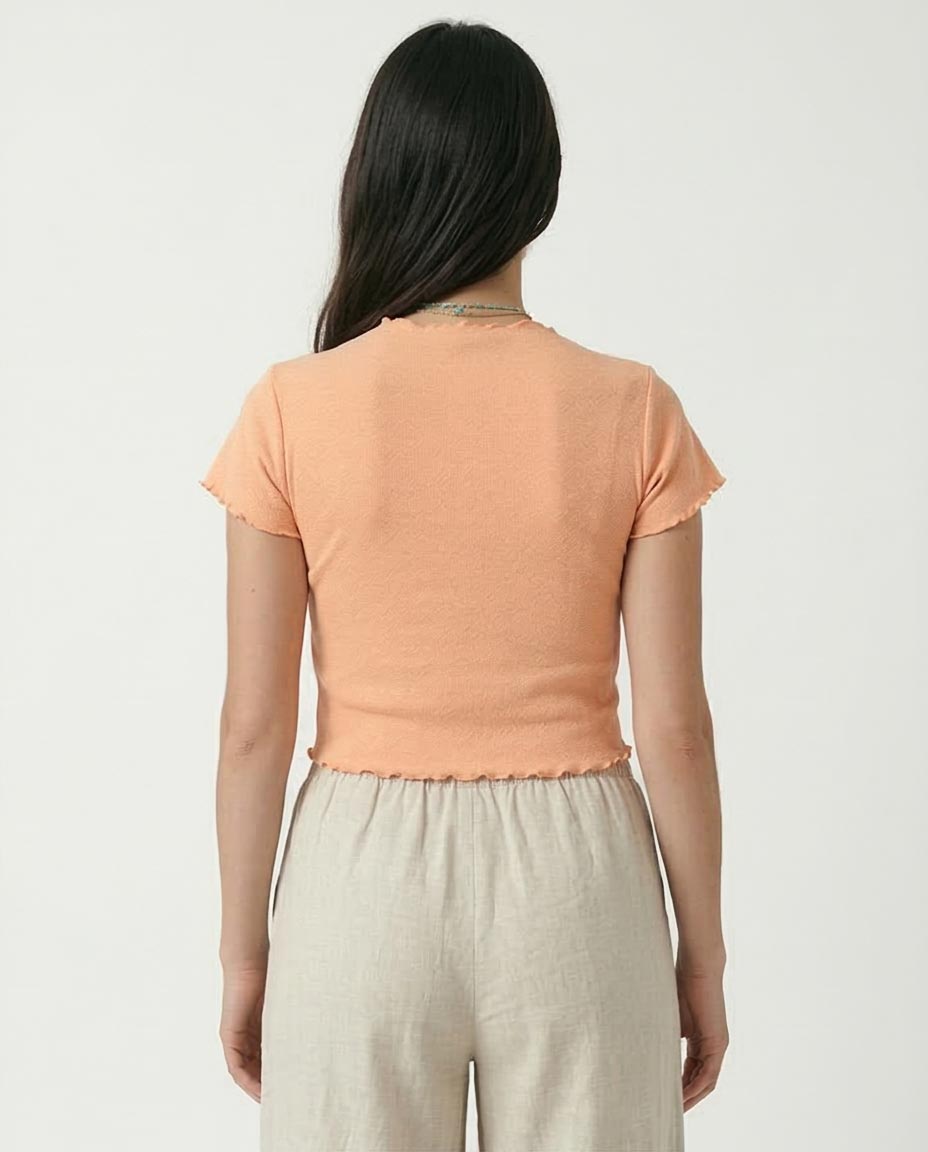 Ravin Women’s Ribbed Graphic Baby Tee – Peach Freedom Spirit Lettuce-Edge Top - R207489