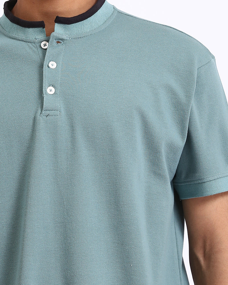 Ravin Men's Mandarin Collar Henley Piqué Polo – Sage Green - R207677