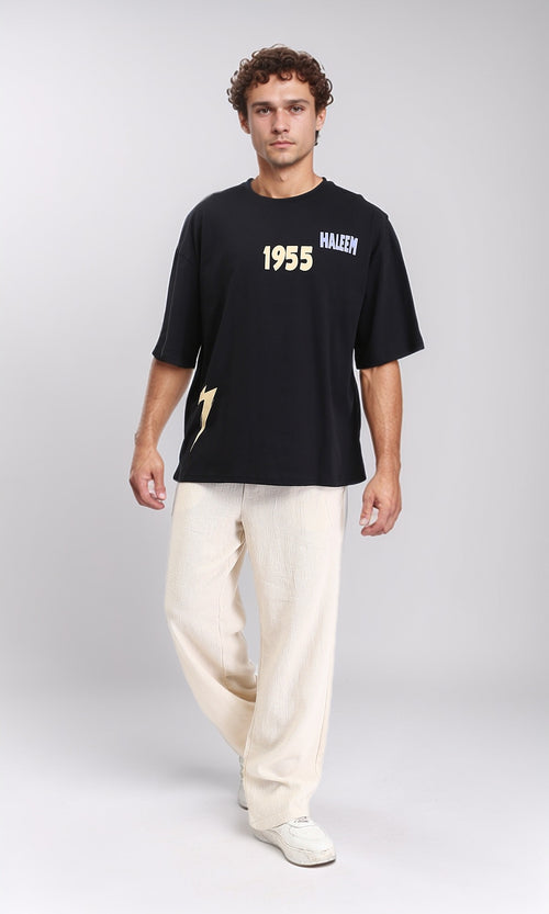 R207686 - Printed Elbow Sleeves Relaxed Tee - Black