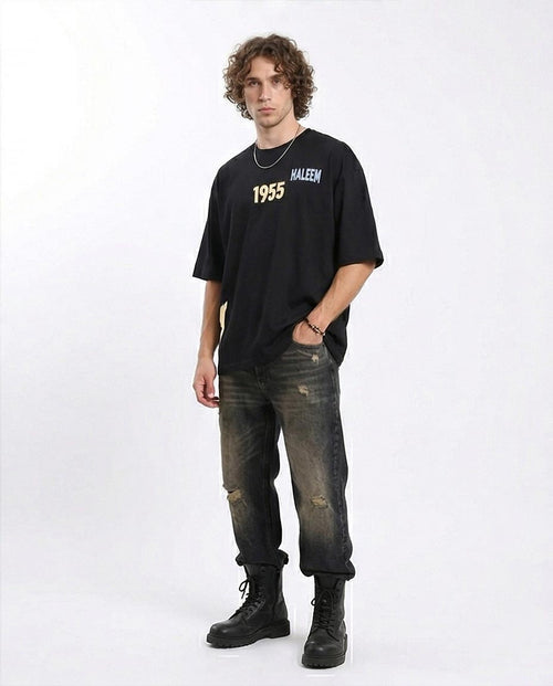 Ravin Vintage-Inspired Oversized Graphic T-Shirt - Haleem "Ahwak" 1955 Print - Black - R207686