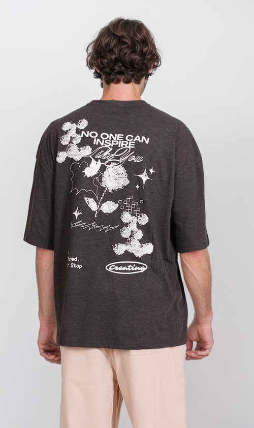 R207695 - Graphic Printed Oversized T-Shirt - Charcoal Grey