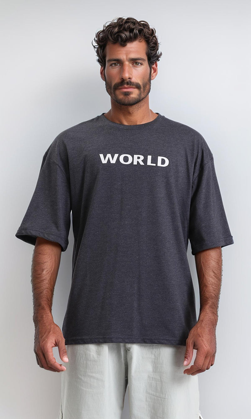 R207696 - Printed "World" Elbow-Sleeves Tee - Heather Charcoal Grey