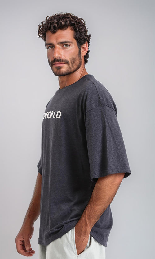R207696 - Printed "World" Elbow-Sleeves Tee - Heather Charcoal Grey