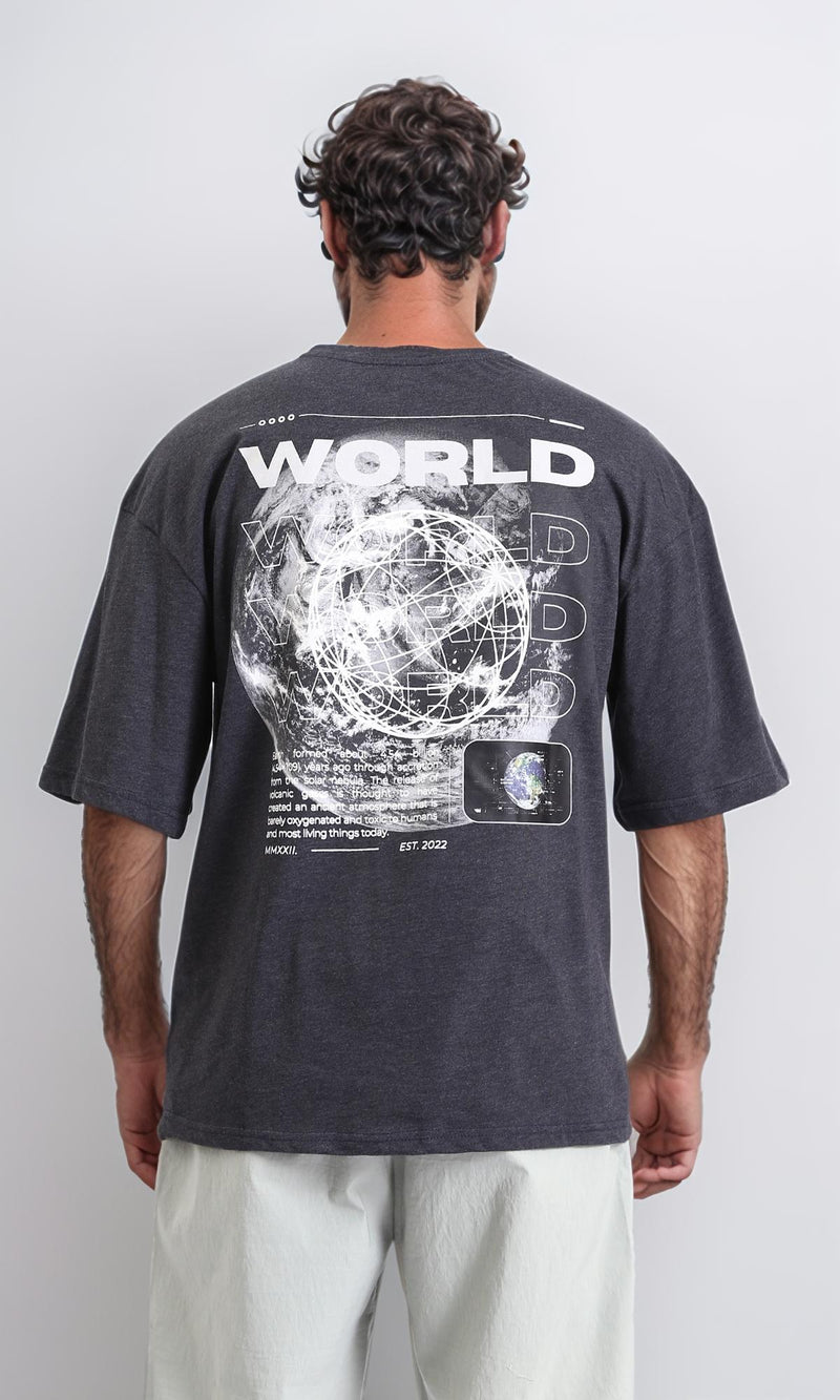 R207696 - Printed "World" Elbow-Sleeves Tee - Heather Charcoal Grey