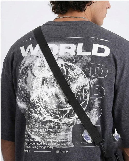 Ravin Men's Oversized 100% Cotton "WORLD" Graphic T-shirt - Charcoal Grey - R207696