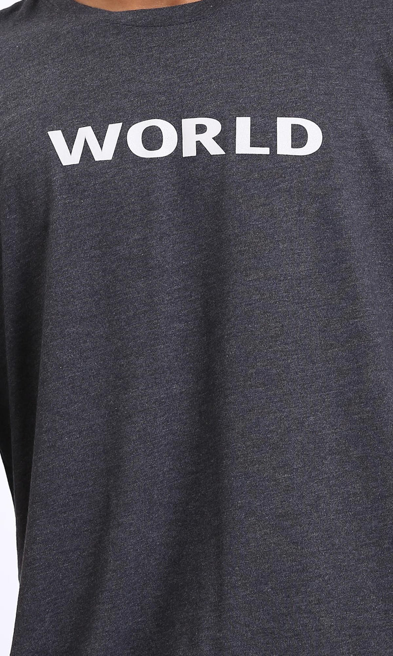R207696 - Printed "World" Elbow-Sleeves Tee - Heather Charcoal Grey