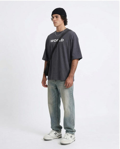 Ravin Men's Oversized 100% Cotton "WORLD" Graphic T-shirt - Charcoal Grey - R207696