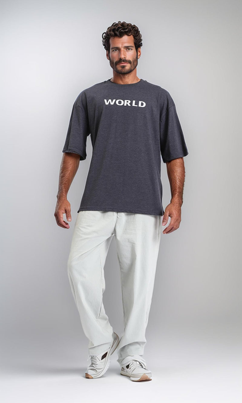 R207696 - Printed "World" Elbow-Sleeves Tee - Heather Charcoal Grey