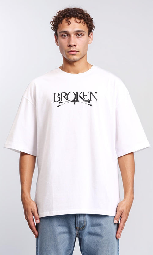 Crew Neck Printed "broken" Tee - White