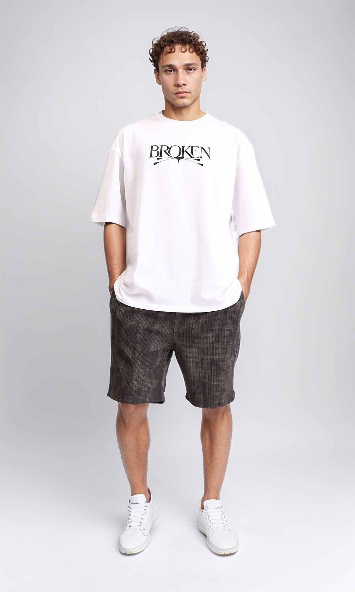 R207698 - Crew Neck Printed "Broken" Tee - White