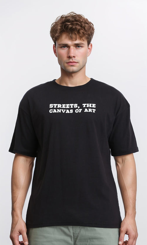 R207703 - Elbow Sleeves Printed Cotton Tee - Black