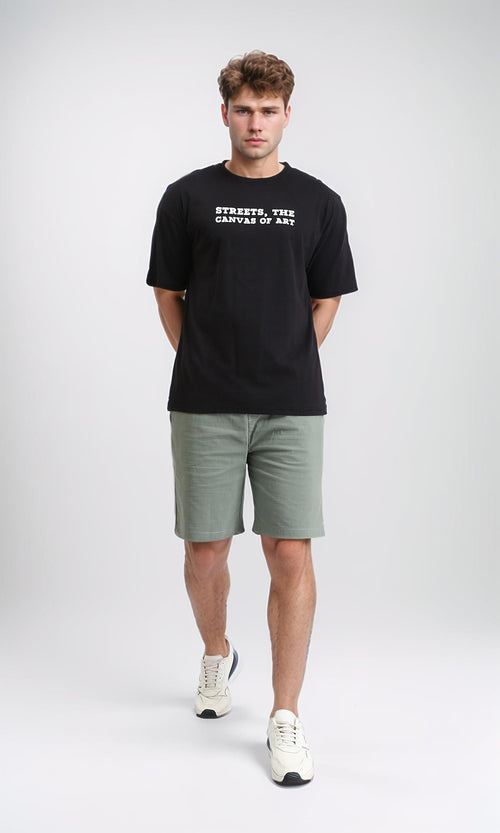 R207703 - Elbow Sleeves Printed Cotton Tee - Black