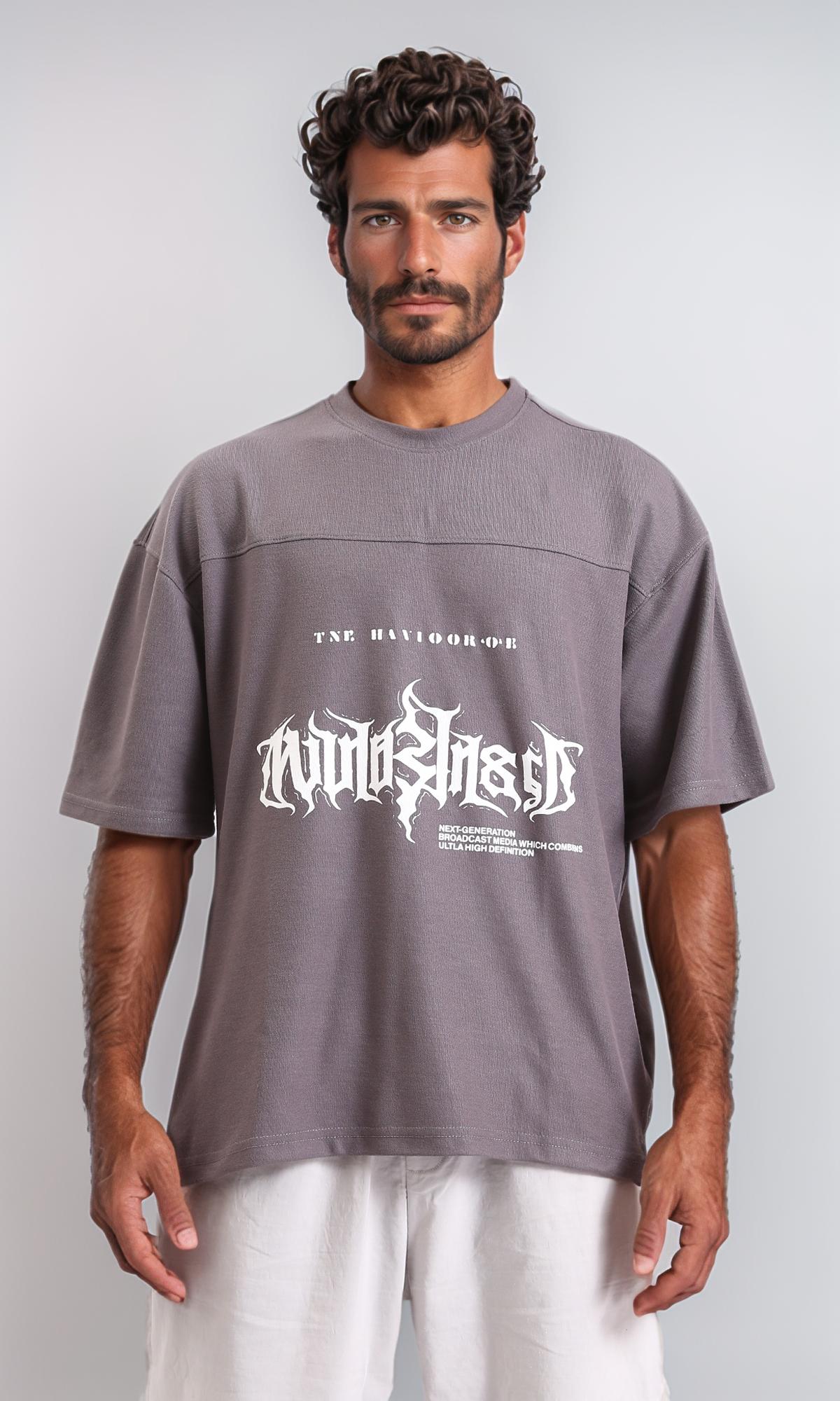 Round Neck Printed Relaxed Tee - Dark Grey