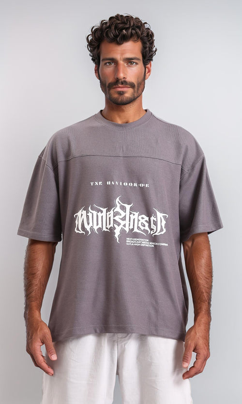 Round Neck Printed Relaxed Tee - Dark Grey