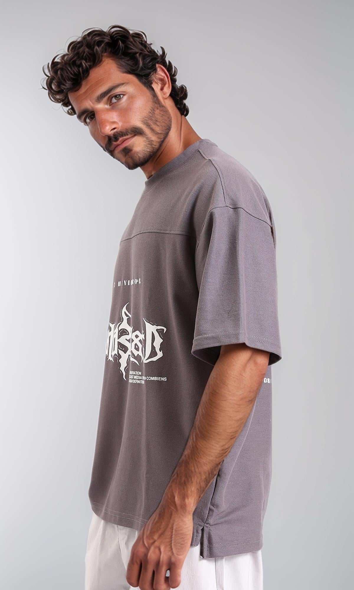 R207712-تيشيرت مريح بطبعة وياقة دائرية - رمادي داكن