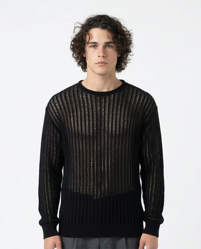 Man wearing a black knit sweater on a white background