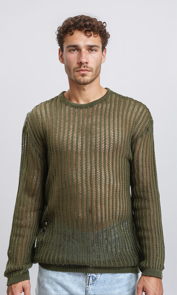 R207761 - Long Sleeves Perforated Knitted Pullover - Dark Olive