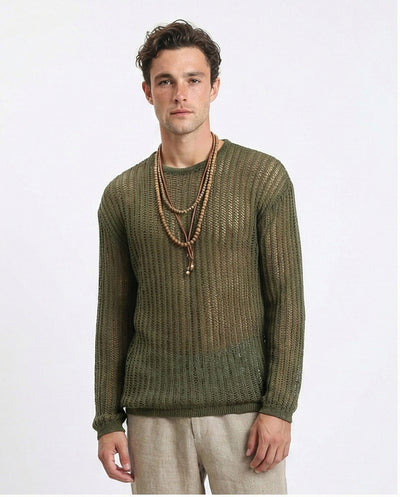 Long Sleeves Perforated Knitted Pullover - Dark Olive