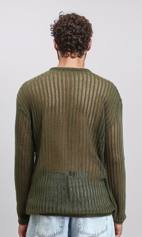 R207761 - Long Sleeves Perforated Knitted Pullover - Dark Olive