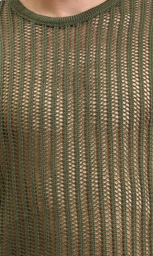 R207761 - Long Sleeves Perforated Knitted Pullover - Dark Olive