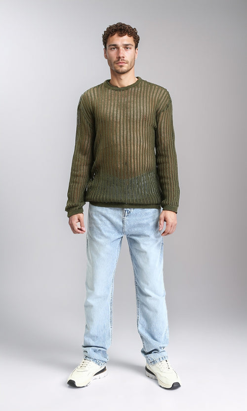 R207761 - Long Sleeves Perforated Knitted Pullover - Dark Olive