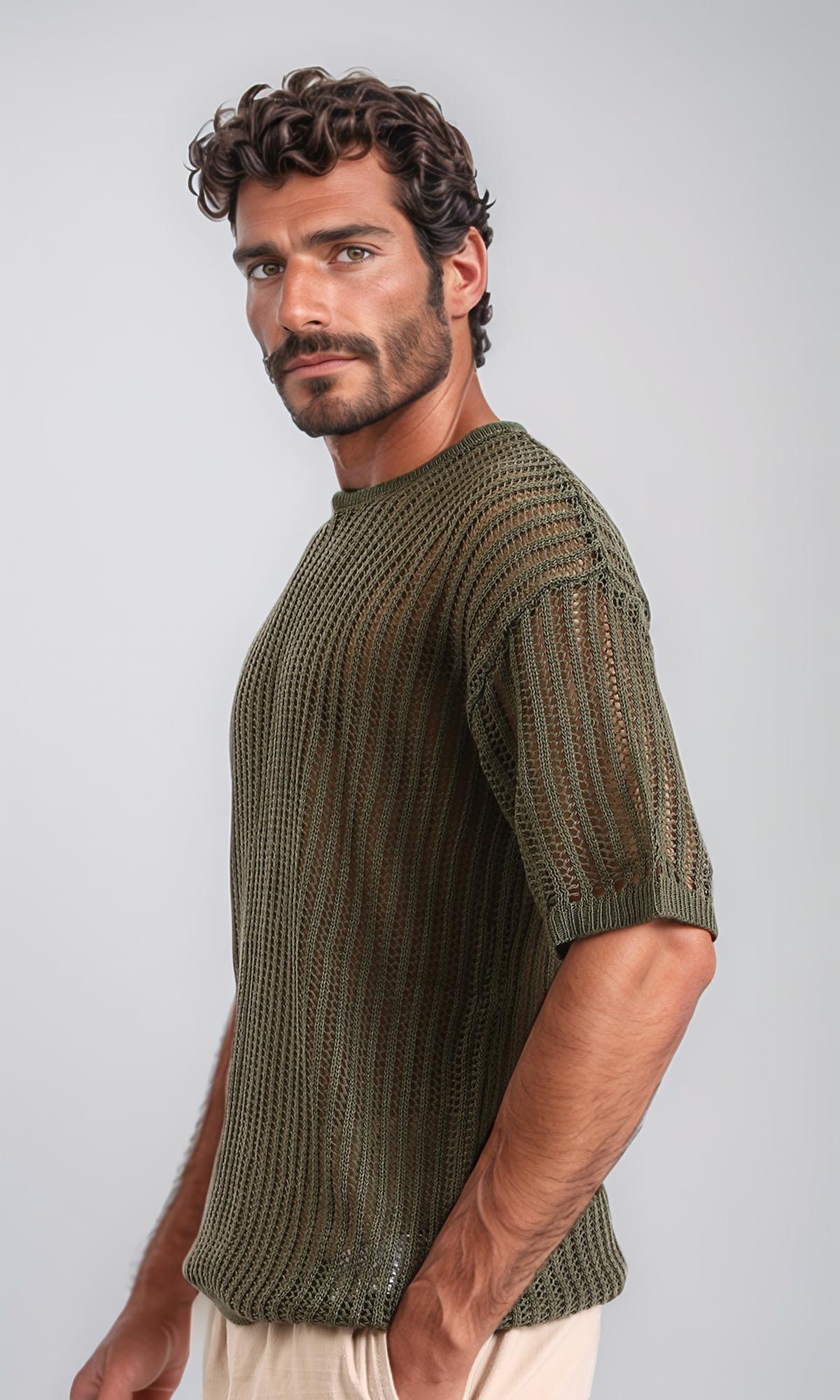 تيشيرت جاكار منسوج بقصة واسعة - زيتوني - R207764