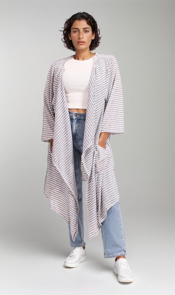 Slub Jaquard Open Cardigan - Grey
