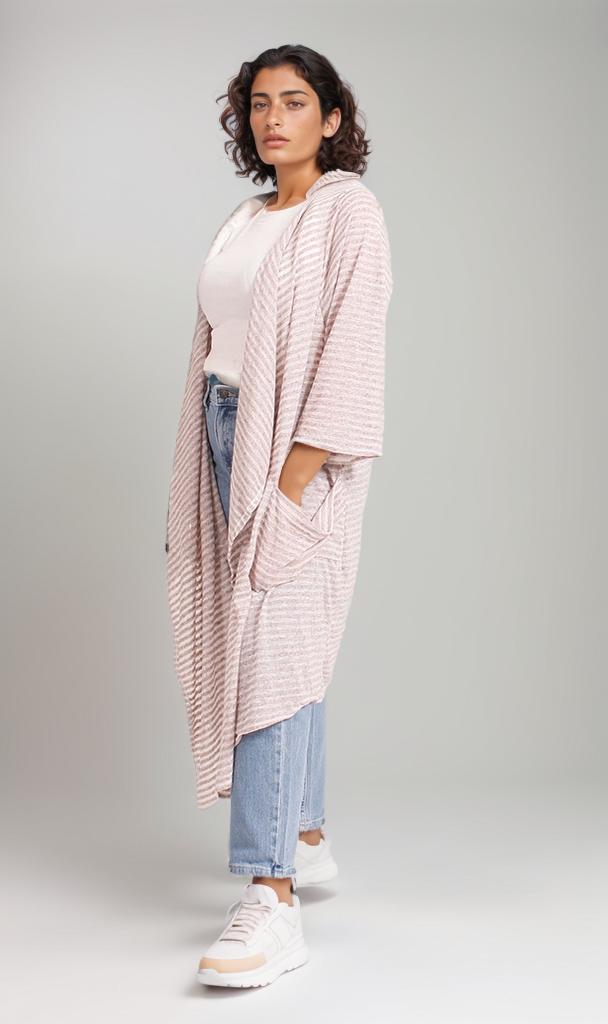 R207771 - Striped Long Cardigan - Beige