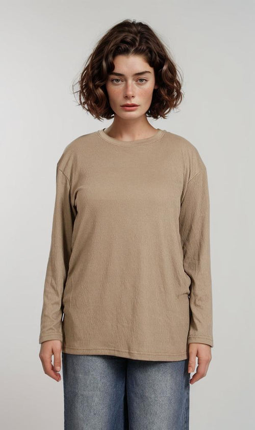 Long Sleeve Crinkle T-Shirt - Beige