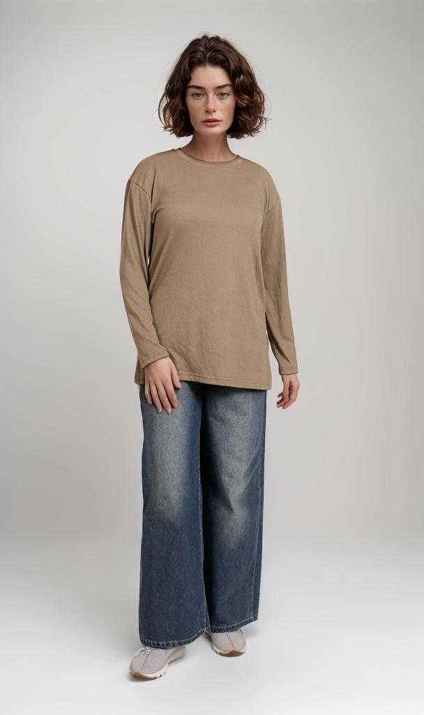 R207774-R207774 - Long Sleeve Crinkle T-Shirt - Beige