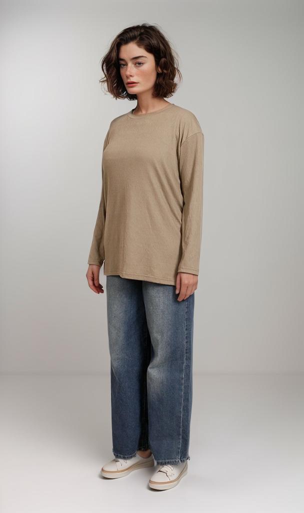 R207774-R207774 - Long Sleeve Crinkle T-Shirt - Beige