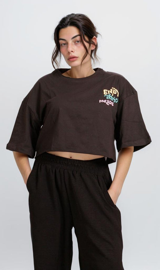 R207782 - Graphic Printed Cropped T-Shirt - Black