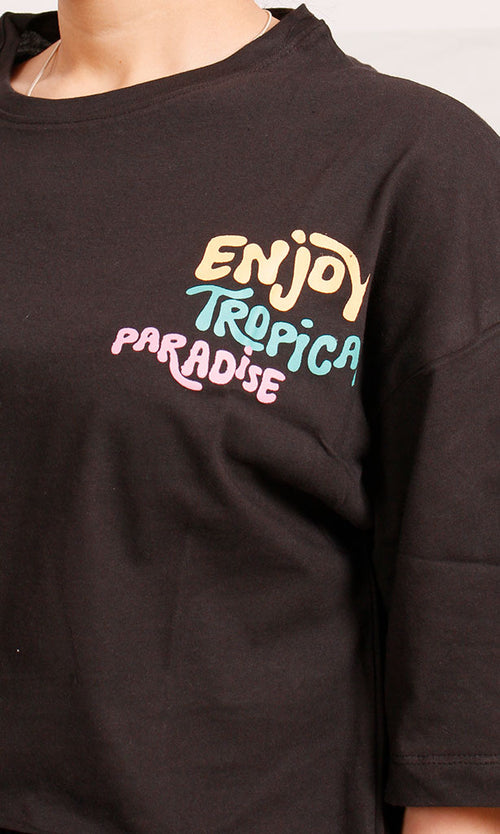 R207782 - Graphic Printed Cropped T-Shirt - Black